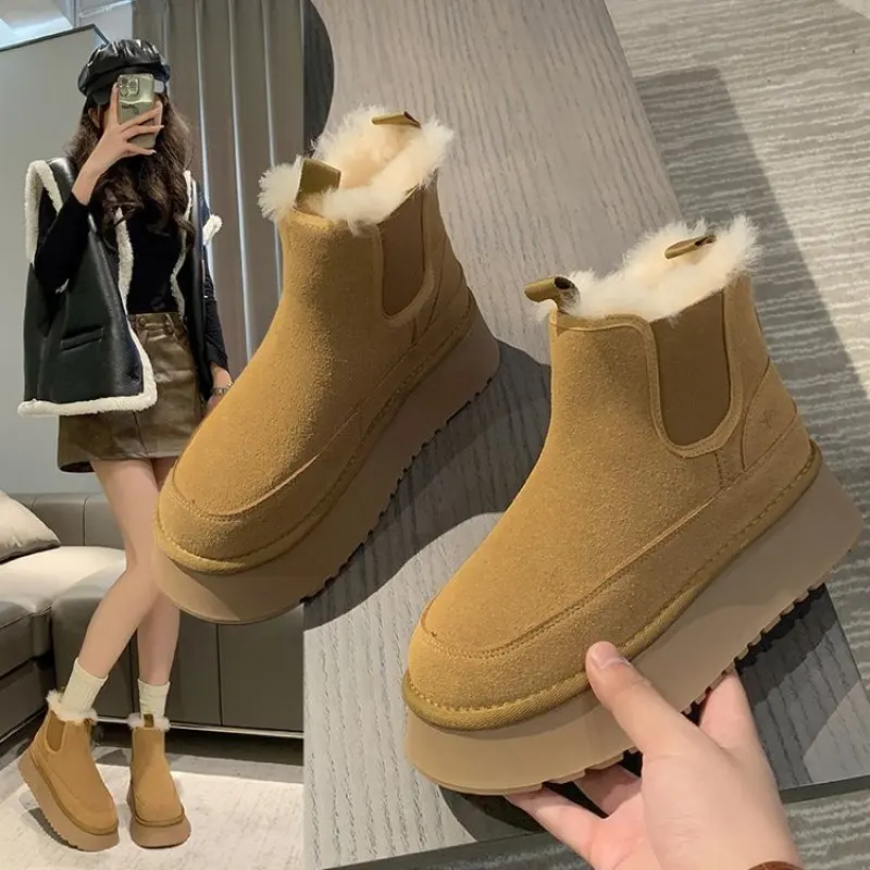 NEW Winter Women's Boots Plus Velvet Warm Casual Shoes One Step Suede Leather Trendy Women's Ankle Boots Chelsea Women's Boots