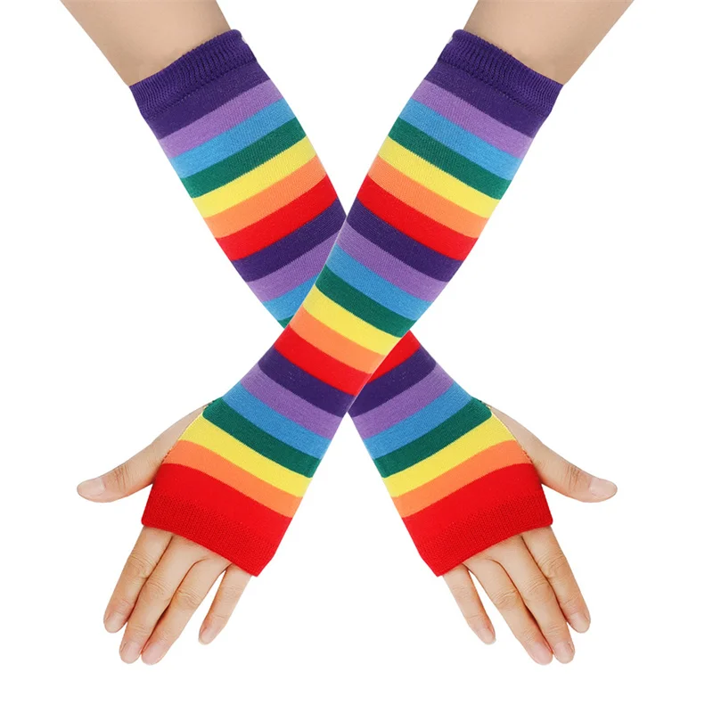 Over 12 Years Old Wristlet Long Arm Warmer Fingerless Gloves Cosplay Cotton Striped Oversleeve for Big Girls Women