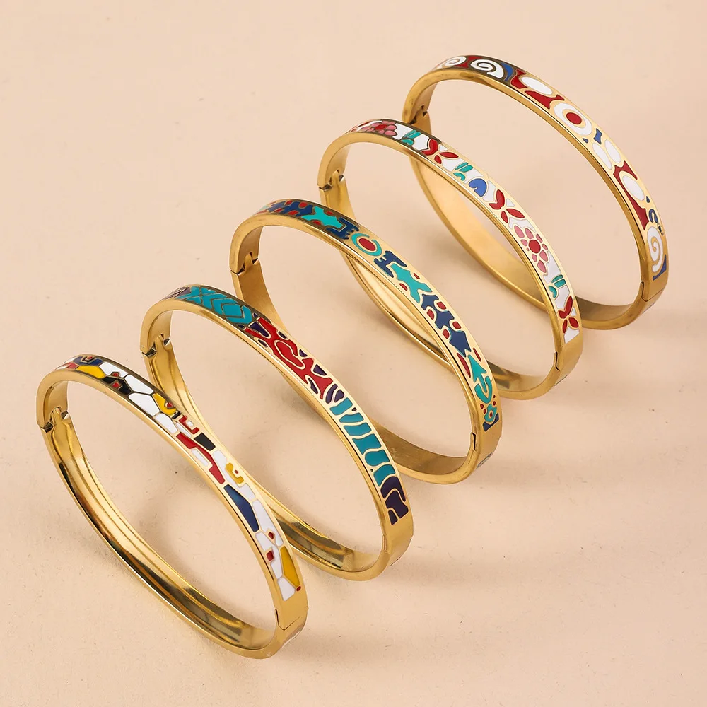 Stainless Steel Bracelet Exquisite Enamel Waterproof Light Luxury Geometric Color Flower Women's Wrist Jewelry Gift