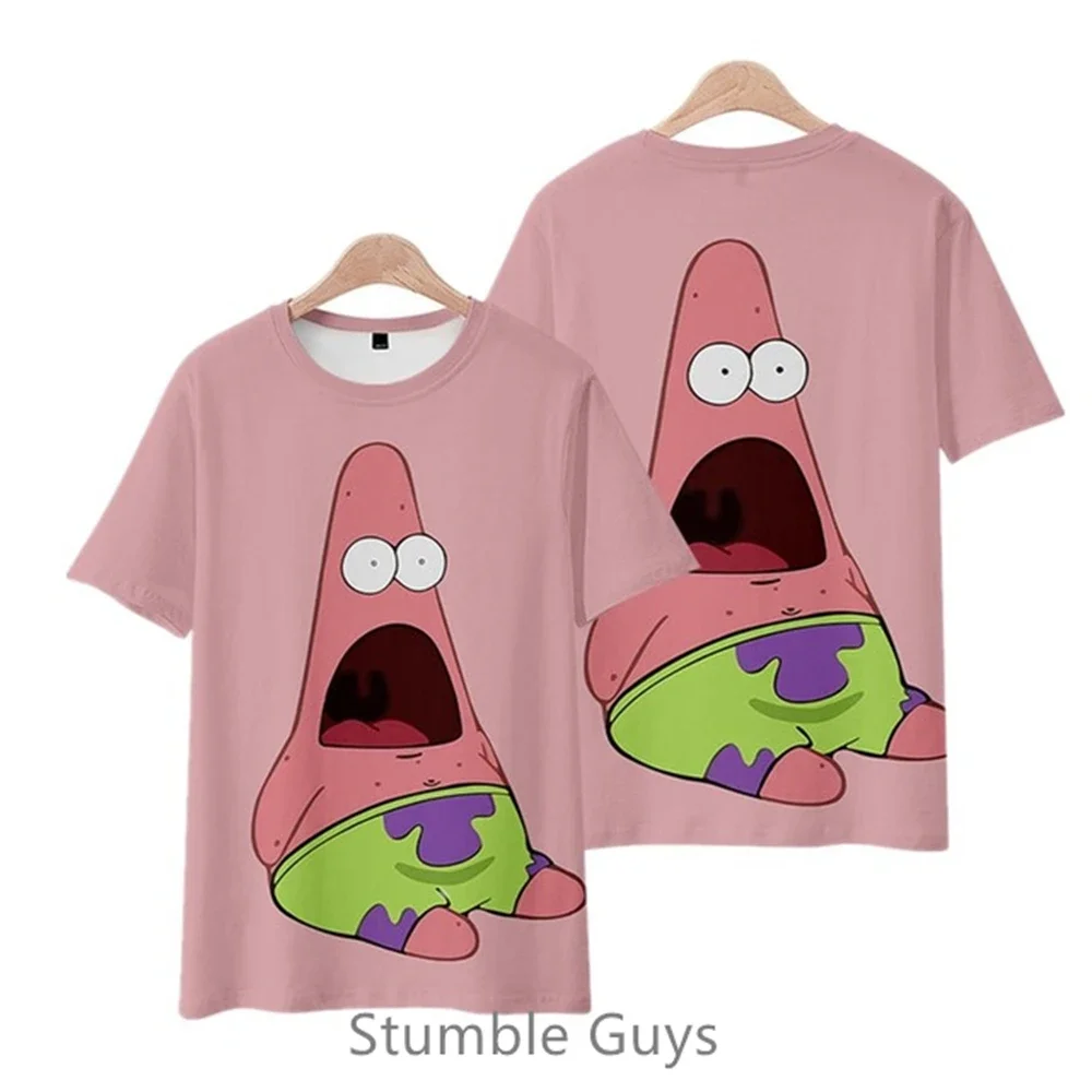 2024 Summer New Boys Clothes Girls 3D SpongeBob SquarePants Round Neck T-shirt Kids Street Leisure Sports Large Breathable Tops 3
