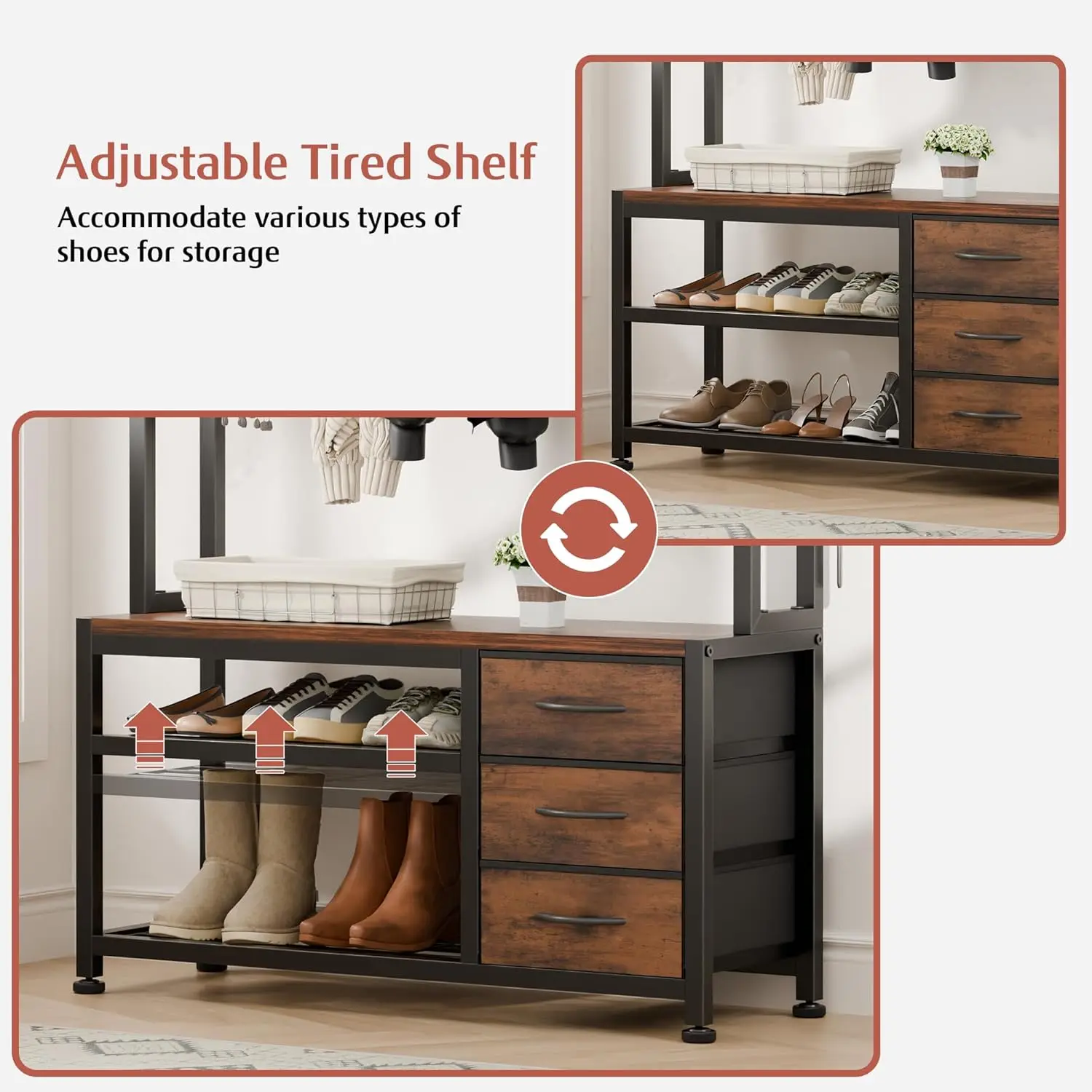 Hall Tree with Bench. Shoe Storage. 31.5" Coat Rack. Freestanding. 2-Tier Shelf. 12 Hooks, 3 Drawers. Rustic Brown.