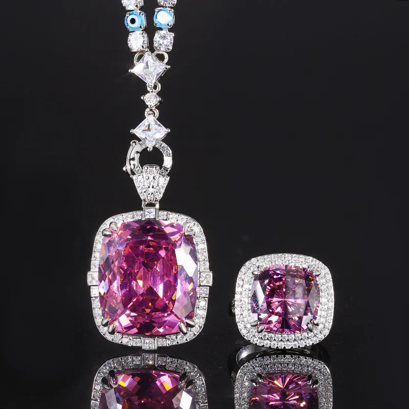 Exquisite Adjustable Ring Pendant Necklace Blue Pink High Carbon Drill Cushion Cut Jewelry in Elegant Style for Women Party Gift