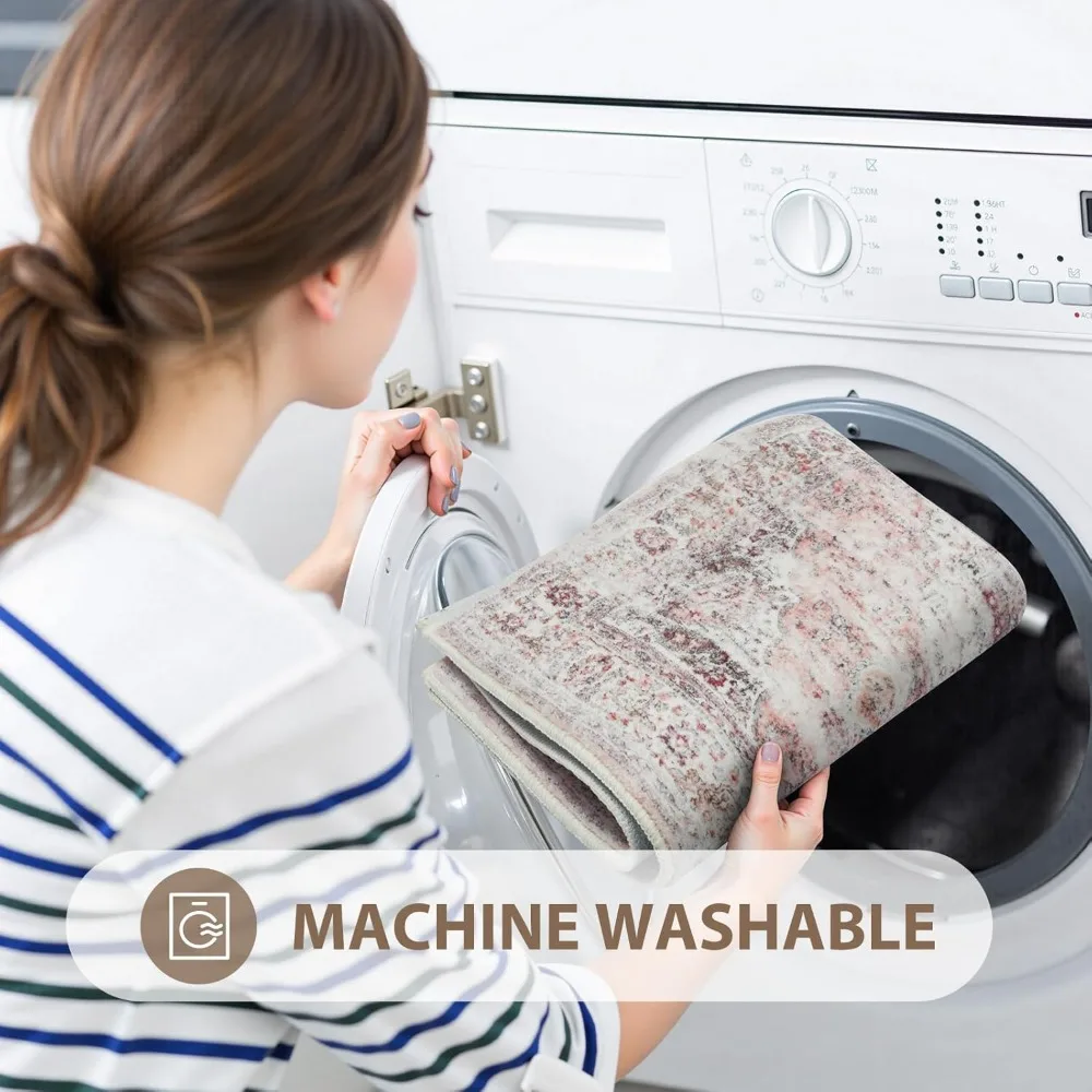 Boho Bathroom Rugs, Distressed Farmhouse Blush Pink Bath Mat, Comfy Velvet Small Bath Rugs Non Slip Washable, Vintage Oriental