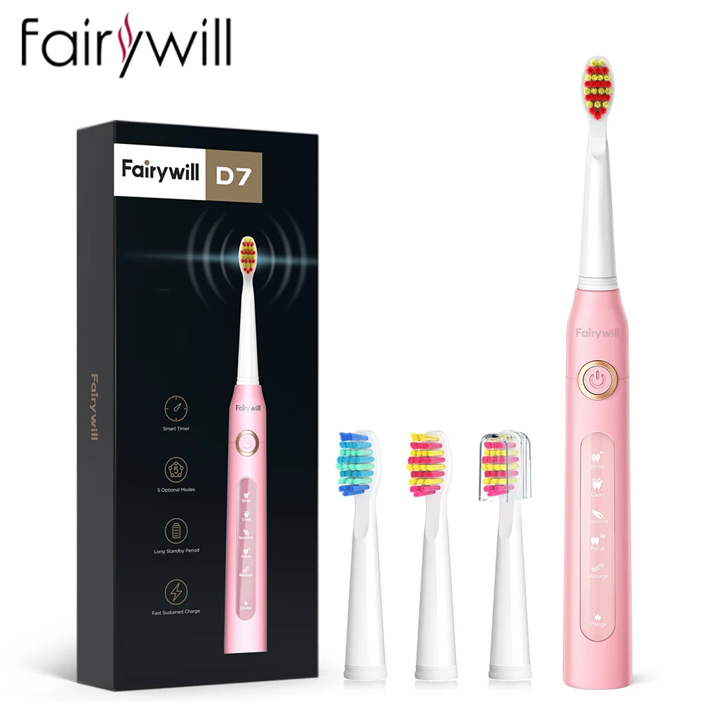 Cepillo de dientes eléctrico sónico Fairywill FW-507, recargable por USB, resistente al agua, cabezales de repuesto para cepillos de dientes electrónicos para adultos