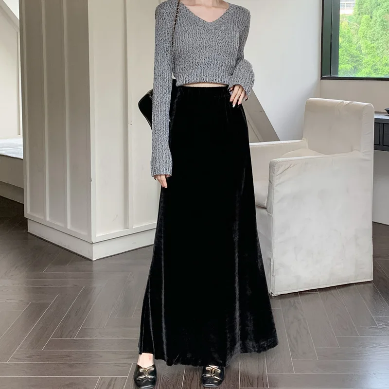 Black Sexy Club Party Velvet Long Skirt Women's Korean 2024 Spring New Elastic High Waist Slim A-line Large Swing Skirts Female