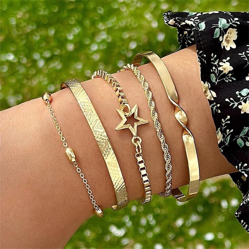 5 Pz/Set Set Di Braccialetti A Catena A Maglia Geometrica Alla Moda Per Le Donne Colore Oro Love Heart Star Open Cuff Twist Bangle Girls Punk Jewelry