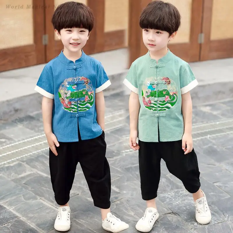 New Retro Chinese Tang Suit Boys Kids Dragon Embroidery Hanfu Traditional Kungfu Uniforms New Year Outfit Birthday Gift