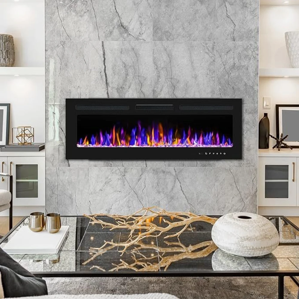 Electric Fireplace Wall Recessed Mounted LED Decorative Fireplace Wood Insert 60inch/152cm Fire Place Heater for RV Home Hotel