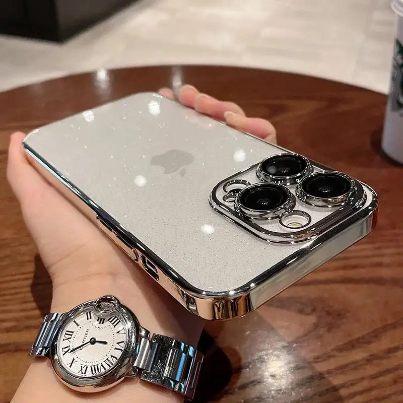 Luxury Transparent Glitter Phone Case with Electroplated Bumper and Shockproof Clear Back Cover