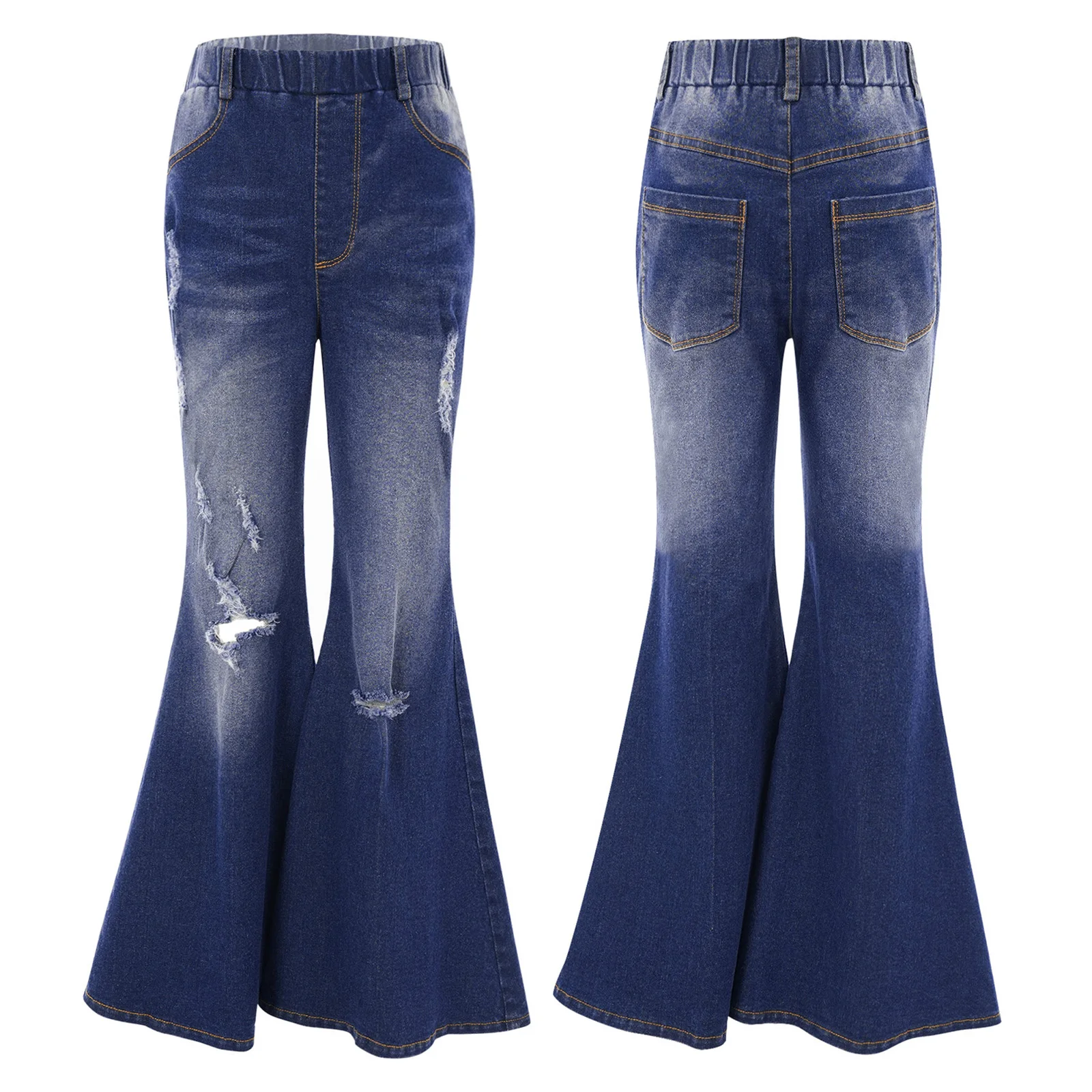 Kids Girls Pants Elastic Waistband Ripped Denim Flare Jeans Hollow Knee Bell-bottom Trousers Slim Fit Long Pants Casual Clothes
