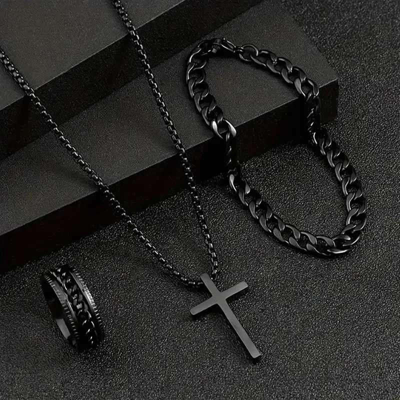 Men's 3pcs Fashion Alloy Jewelry Set - Cross Pendant Necklace, Bracelet & Ring Combo