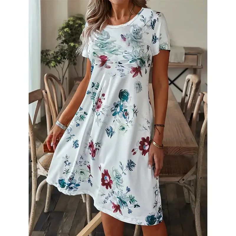 

Women's Casual O-neck Loose Floral Printed Short Sleeve Dress Fashion Elegant Pullover Mini Dress Summer Beach Style Sundress