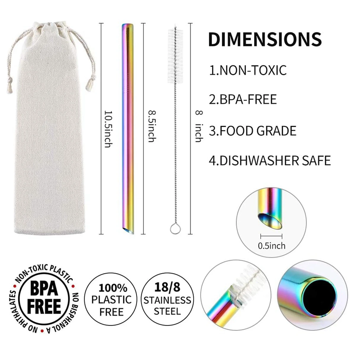 Metal Straw Set Reusable Boba Drinking Straws 12mm Wide 304 Stainless Steel Straws Metal for Bubble Tea Milkshake Smoothies Bar Accessory, drinking straws, metal straw set