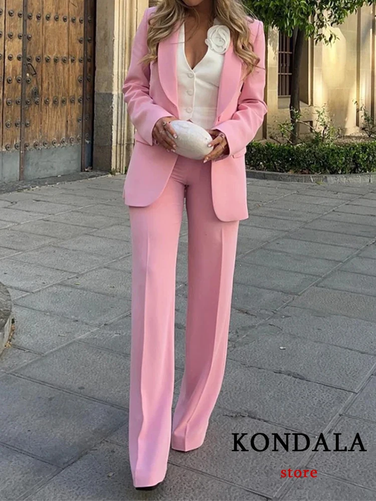 

KONDALA Vintage Solid Pink Office Lady Luxury Elegant Women Suits Fashion Casual Commute Slim Blazer HIgh Waist Wide Leg Pants