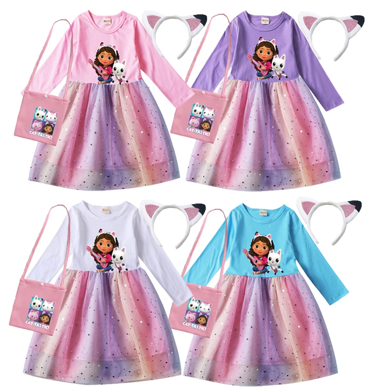 

Платья для девочек, кошек, одежда для кукольного домика, карнавальный костюм для косплея, детское Повседневное платье с длинным рукавом, сумка, повязка на голову