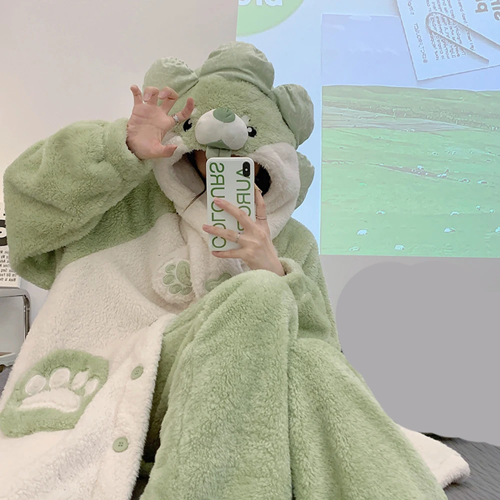 Women's Sleepwear Winter Flannel Nightgown With Pants Two Pieces Set Pyjamas Nighty Loose Hooded Sleepshirts Plush Pajamas Set