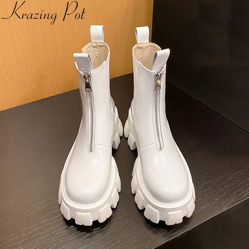 

Krazing Pot Cow Leather Classics Round Toe Chelsea Boots High Heels Platform Front Zipper Casual Solid Dating Brand Ankle Boots