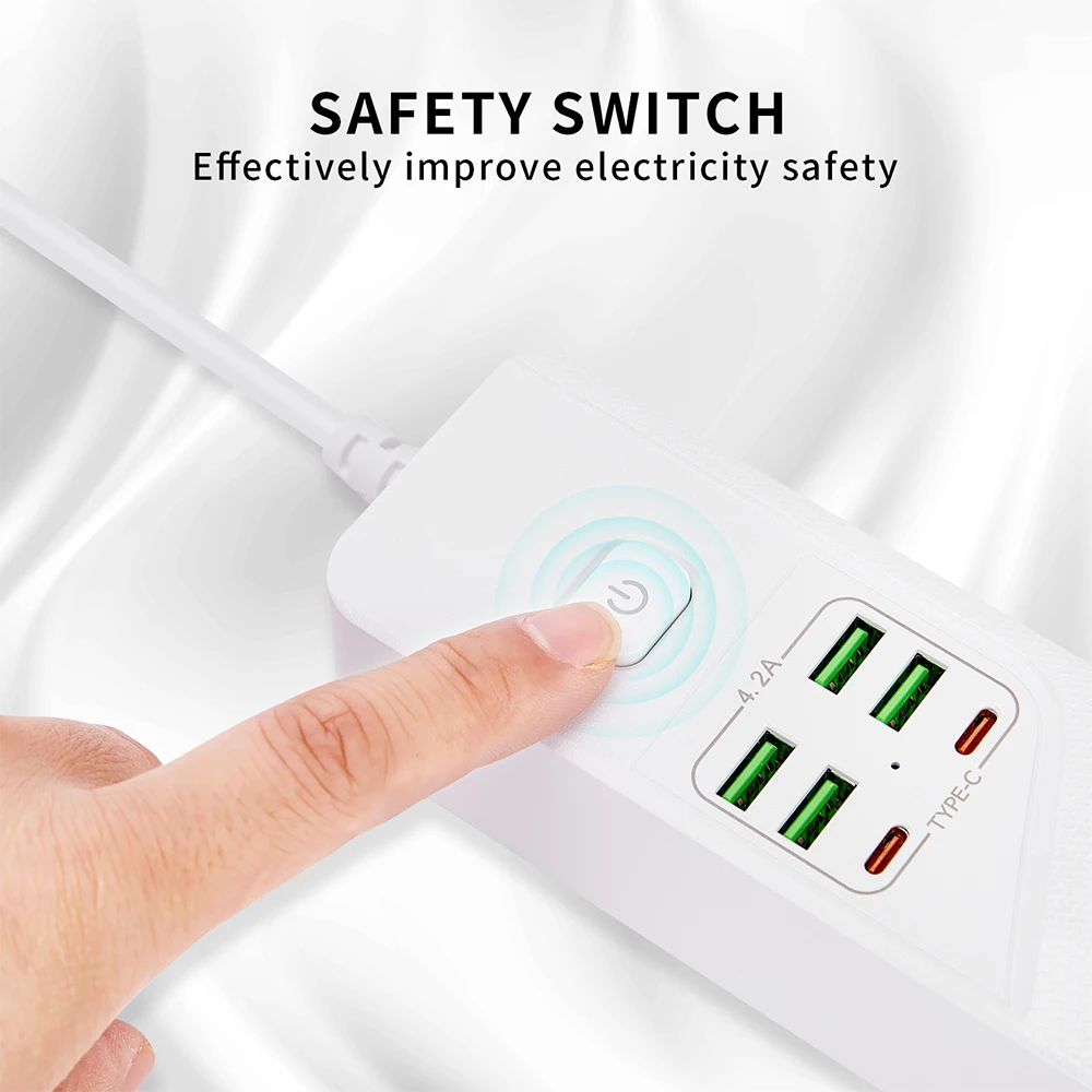 Power Strip Electrical Socket Power Socket Wall Socket Extender Standard Grounded Power Strip 4 EU Plugs Sockets 4 USB 2 Type C Ports Overload Protection With Extension Cable For Home Office
