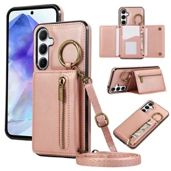Elegant Leather Crossbody Wallet Case with Zipper and Card Slot for Galaxy S21Ultra (Rose Gold)