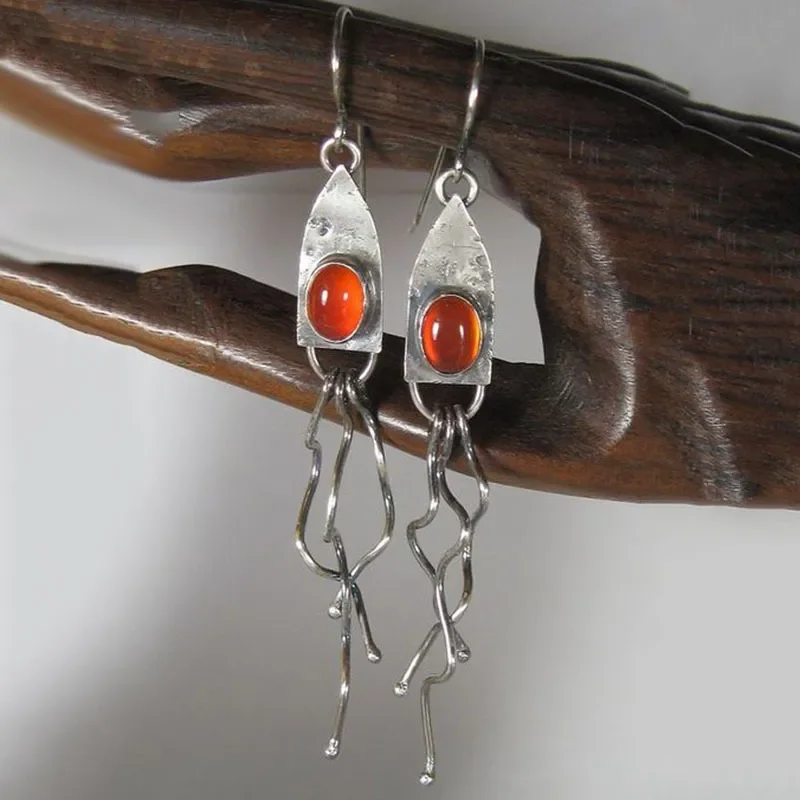 

Long Wire Wound Earrings Geometry Earrings for Women Vintage Silver Color Orange Red Blue Stone Drop Earrings Jewelry Gifts