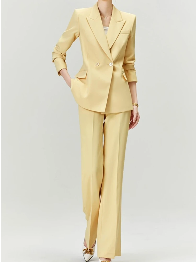 

Elegant Women Yellow Pantsuit Long Sleeve Blazer Matching Set Office Lady Business Formal Casual Chic 2 Piece Set Female Outfits