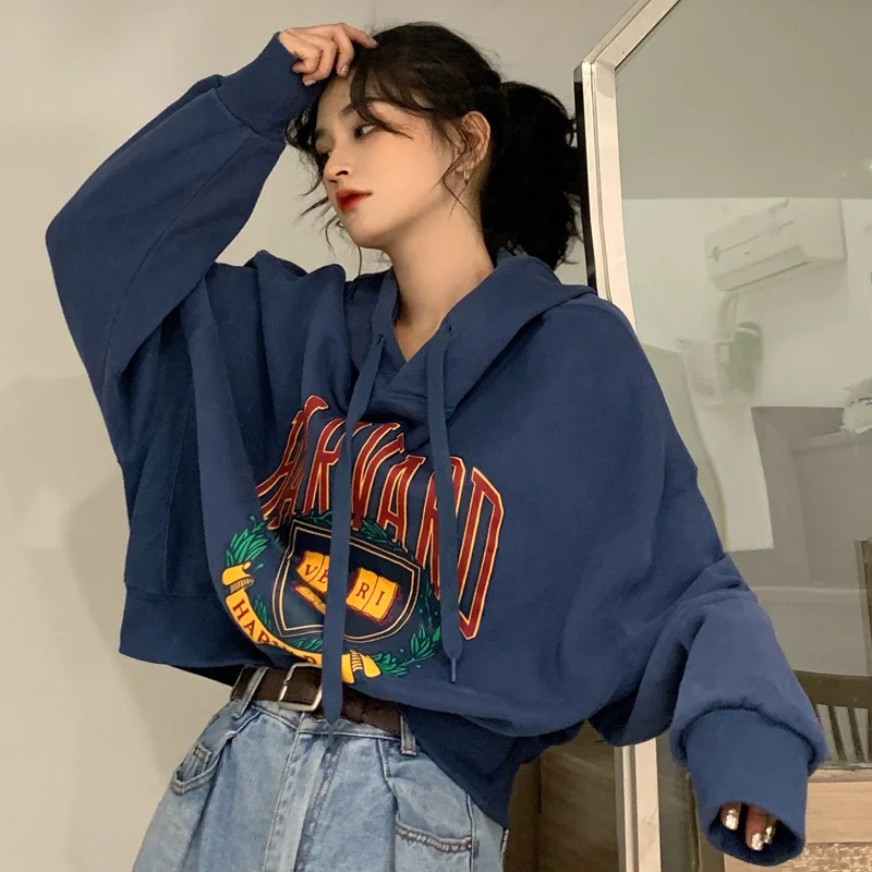 Spring And Autumn Short Crop Sweater Women's Loose Hoodies Korean Style Design Crowd High Street Top Slouchy Bf Hooded Coat Ins