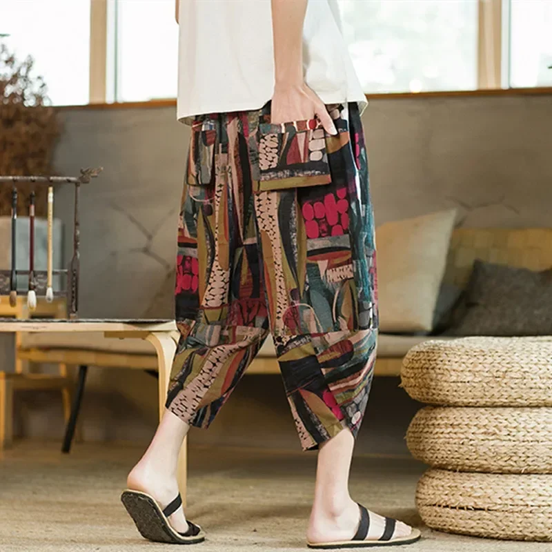 

2023 Men Traditional Style Summer Big Size Casual Calf-Length Pants Korean Style Cotton Printed Loose Male Trouser Streetwear