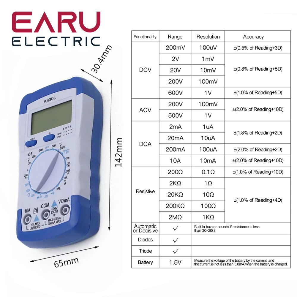 A830L LCD Digital Multimeter DC AC Voltage Diode Freguency Volt Tester Test Current Voltmeter Ammeter Meter Gauge Display Tool 2