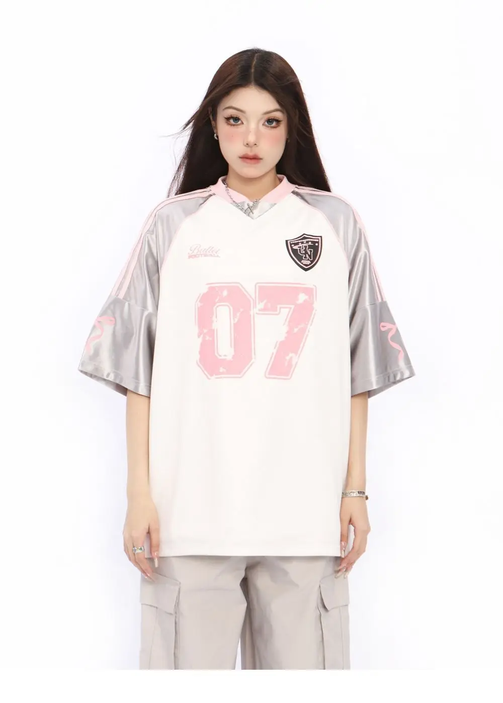★Wai Kei★ Velvet Uniform Jersey T-Shirt Pink YK23STS05 Pink Y2k Oversize Striped Half Sleeved T-shirt for Women