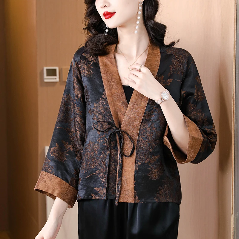 Autumn New Mulberry Silk Fragrant Cloud Yarn Black Big Peony Heavy Forging Double Weaving Craft Jiangnan Bank Lace Up