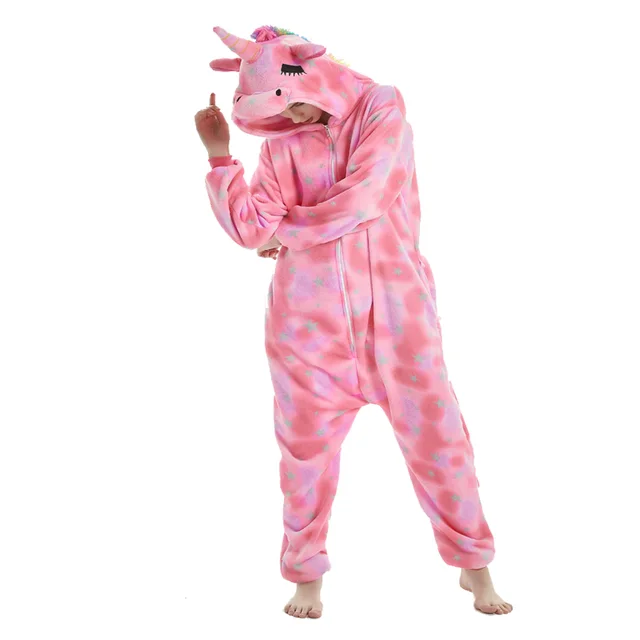 Pink Sleep Jumpsuit Woman Onesie Adults Pyjama Animal Plush Winter Warm Hooded Kigurumi Unicorn Pajamas Star Print Christmas Pjs 4