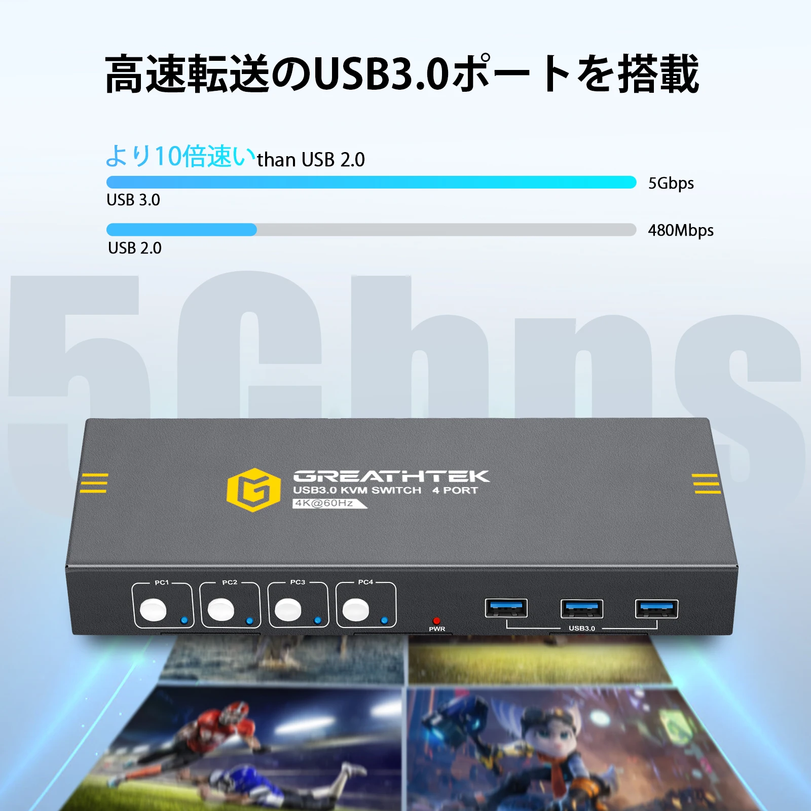 KVM 스위치 USB HDMI 스위처, 4 개 컴퓨터 공유, 4K 60Hz, 1 HD 모니터 및 3 USB 장치, 키보드 마우스 프린터, USB3.0