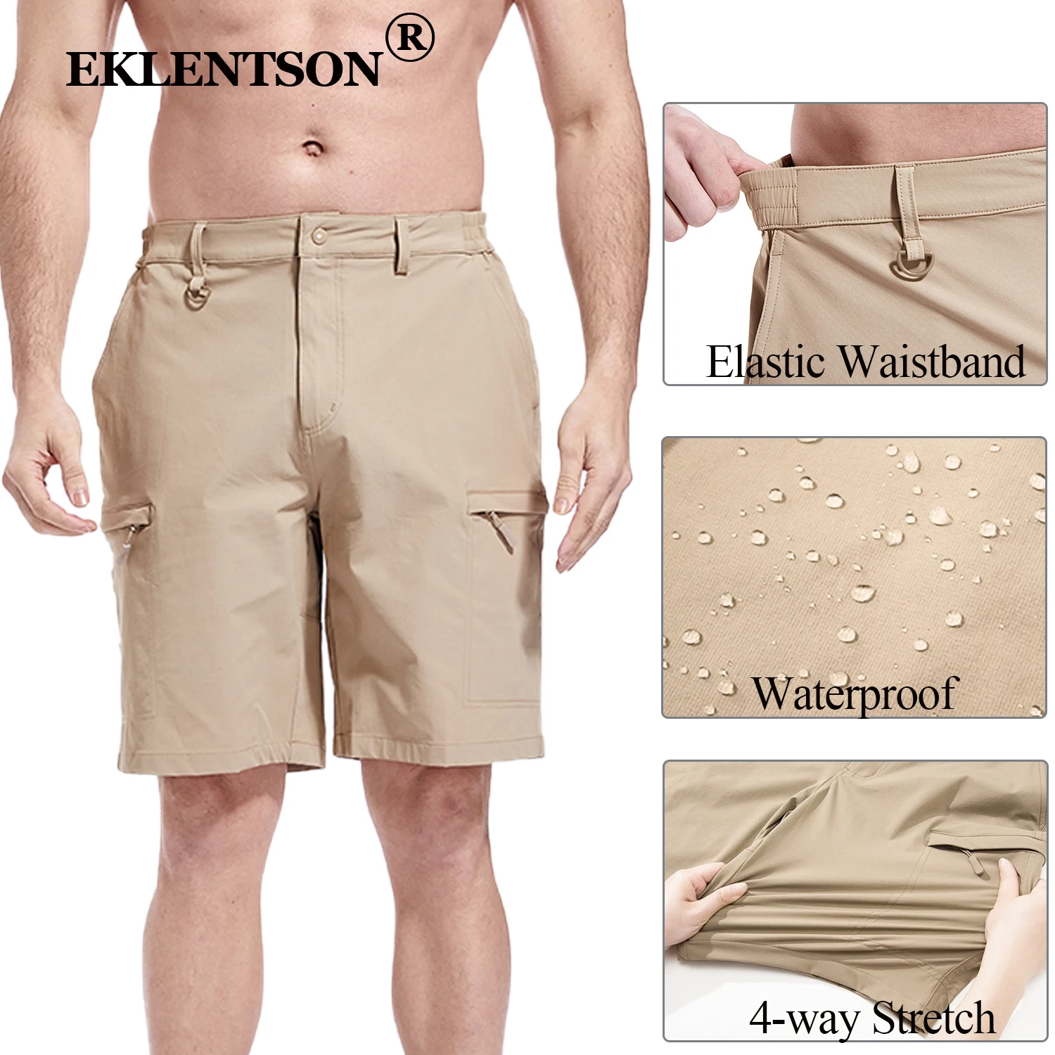 EKLENTSON Men's Cargo Shorts Quick Dry Nylon Spandex Multi-Pockets Elastic Waist 9" Golf Shorts For Casual Wear Breathable