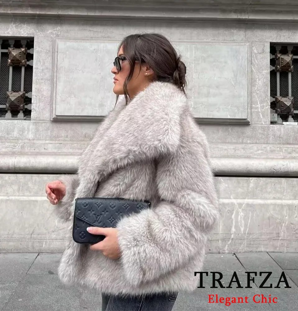 TRAFZA-Women Fashion Winter Solid  Big Lapel Coat Faux Fur Coat Jacket New 2025 Autumn Winter Slouchy Burgundy Black Gray Coat 5