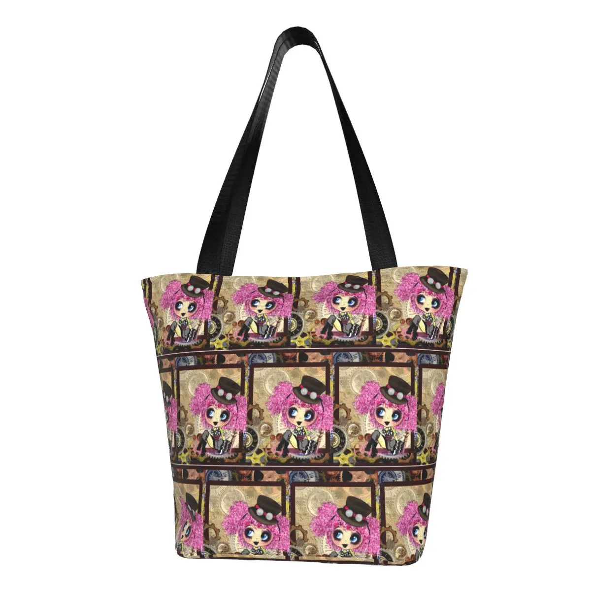 

Cute Steampunk Girl Cartoon Art Shopper Bag pinkyp goth girl Gothic Cartoon Handbags Designer Tote Bag Cool Beach Shoulder Bag