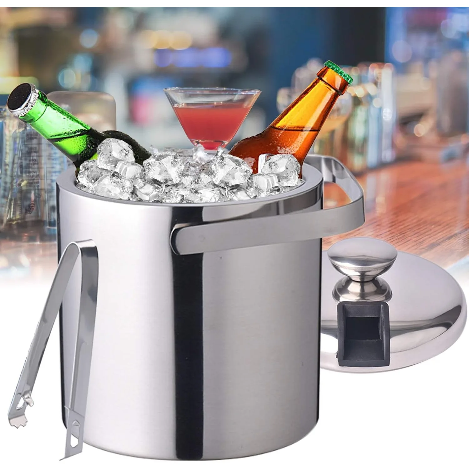 Ice Bucket with Lid and Tongs Double Wall Ice Bucket with Built in Tong and Removable Strainer for Parties, Bar, Picnics