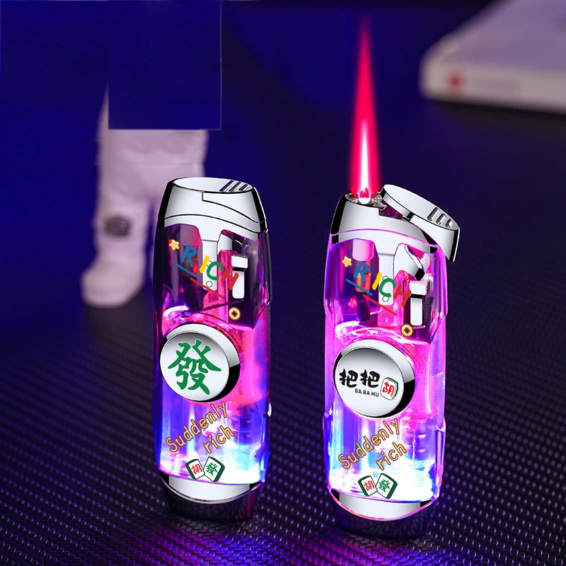 Luminous Tide Play Cool Decompression Gyroscope Windproof Red Flame Lighter Transparent Body LED Cool Color Light butane gas lighter cigarette lighter
