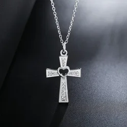 Elegant 925 Sterling Silver Crystal Cross Pendant Necklace - 60cm (WHITE)
