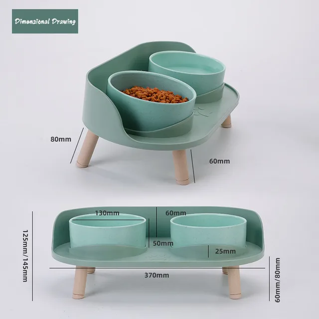 Cat Double Bowl Safety with Wood Stand and Silicone Mat Kitten Puppy Food Water Feeding Elevated Dish Dog Supplies Spill-Proof 5