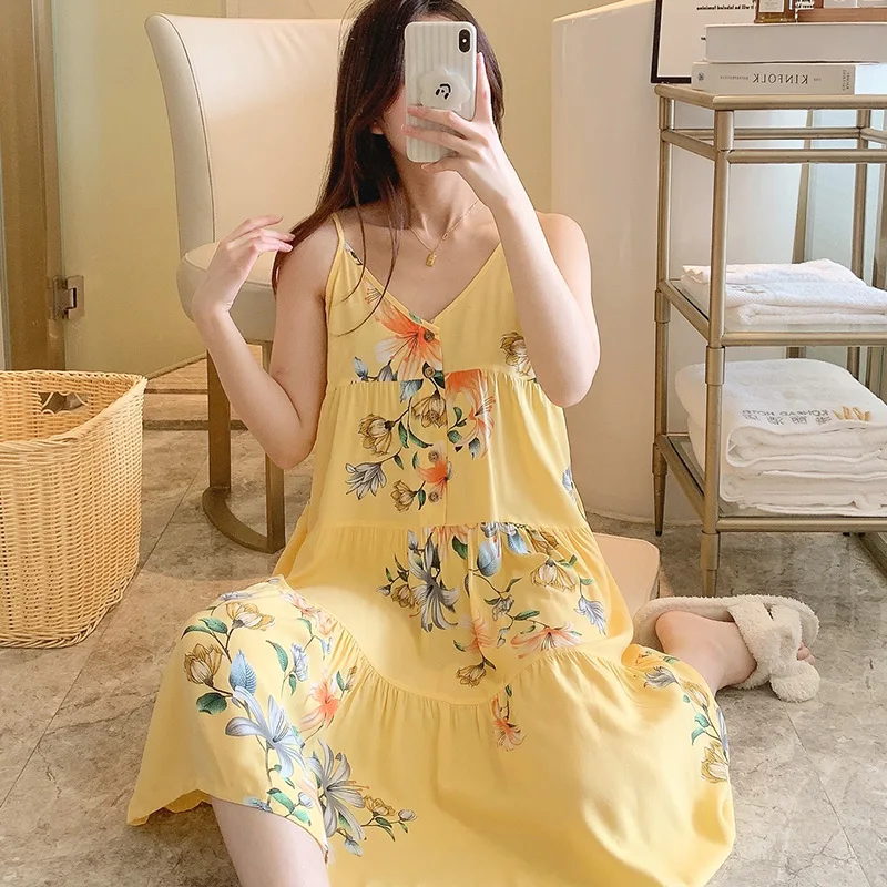 Night Dress Women Print Cartoon Sexy Sleepwear Lingerie Cute Nightdress Strap Thin Female Underwear Nighty Home Wear Clothes