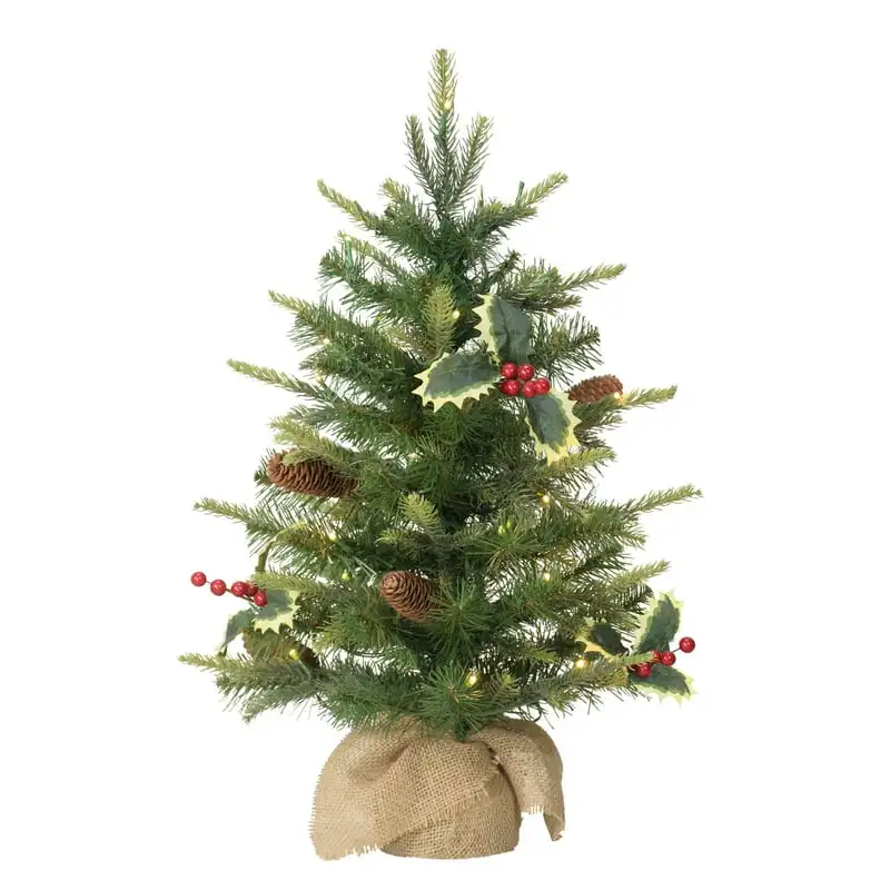 

Pre-Lit 2' Table Top Artificial Christmas Tree with Pine Cones in Tan Sac, Green