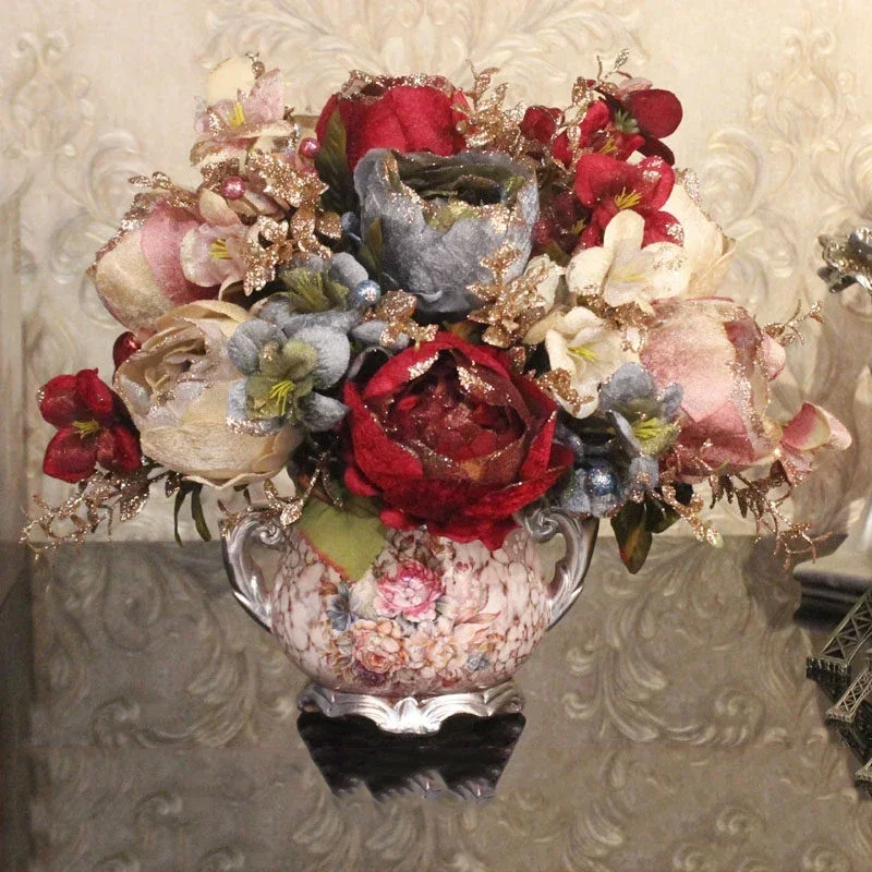 

European Ceramic Vase+Artificial Flower Set Crafts Figurines Home Desktop Luxury Peony Fake Flower Pot Plant Ornament Decoration