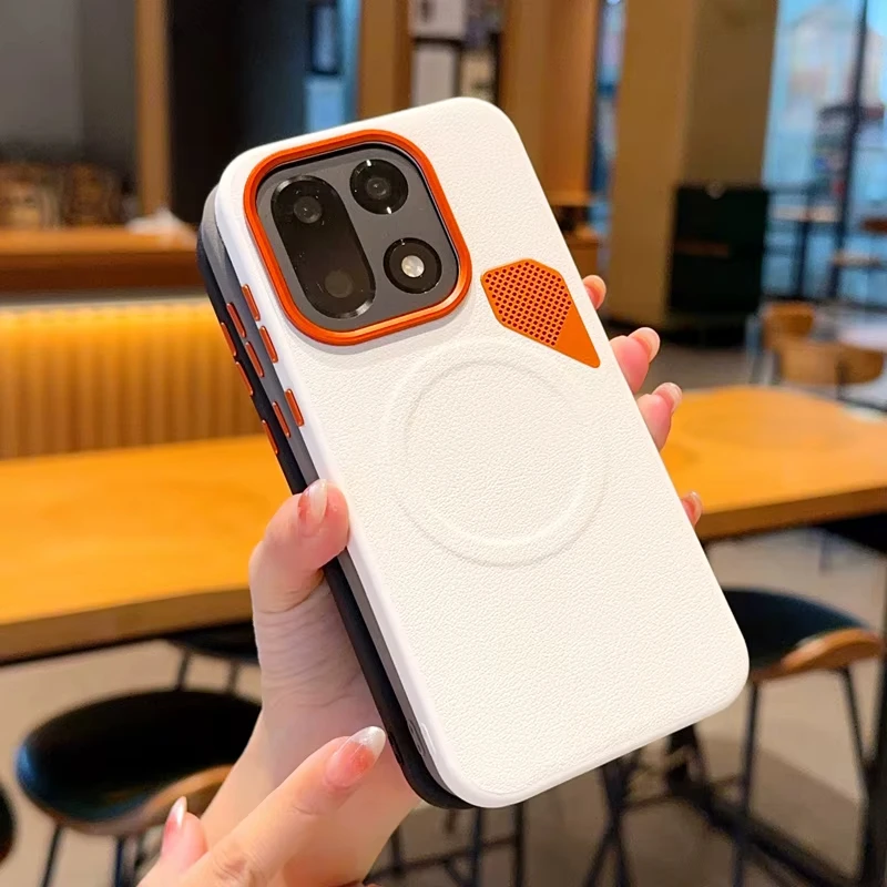 Luxury PU Leather Phone Cover with Magnetic Wireless Charging and Heat Dissipation Technology