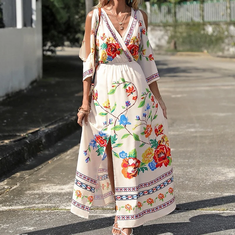 

Summer New Fashion V Neck Party Beach Dress Casual Bohemia Floral Print Women's Dress Sexy Slit Hollow Out 3/4 Sleeve Long Dress