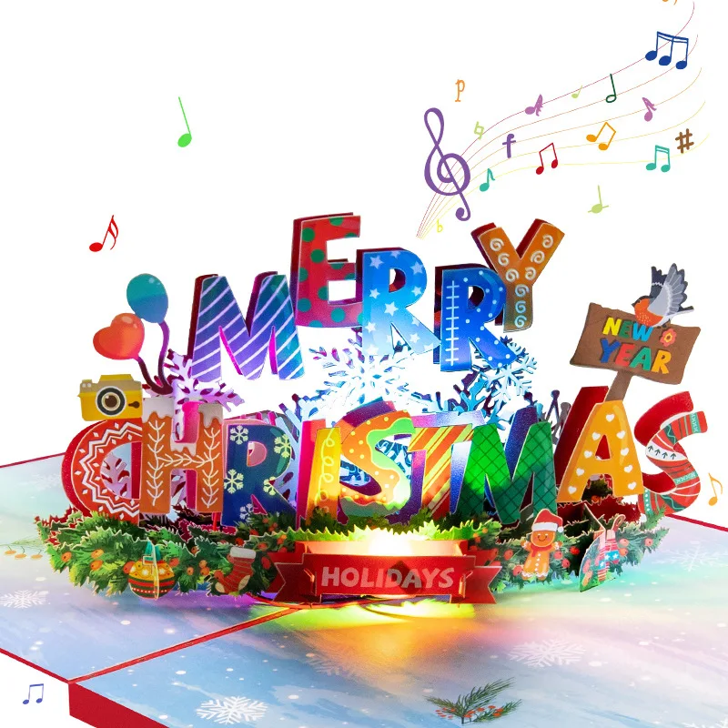 Christmas Card 3D Stereo Music Light Greeting Card Santa Xmas Festival NewYear Winter Holiday Greeting Cards with Envelopes 2025