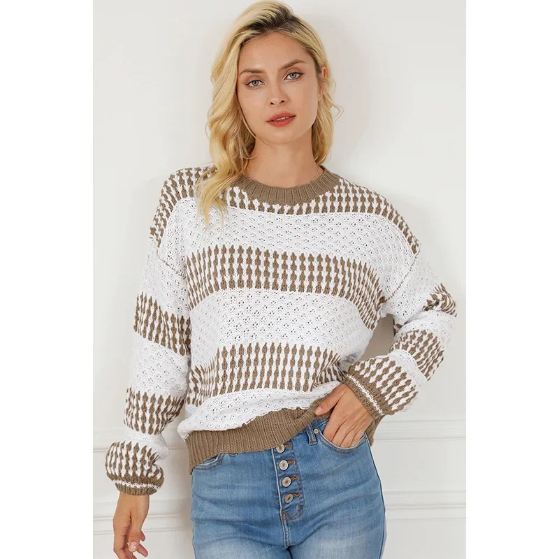 

Women Sweaters O Neck Long Sleeve Striped Pullovers Jumpers Loose Fit Knitting High Street Autumn 2023 Slight Strech Print