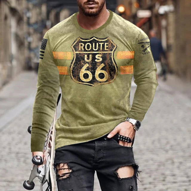 Printed T-shirt Men's Autumn and Winter Loose Clothes Long-sleeved Vintage American Route 66 Letters Fashion O-neck Shirt 5xl 3