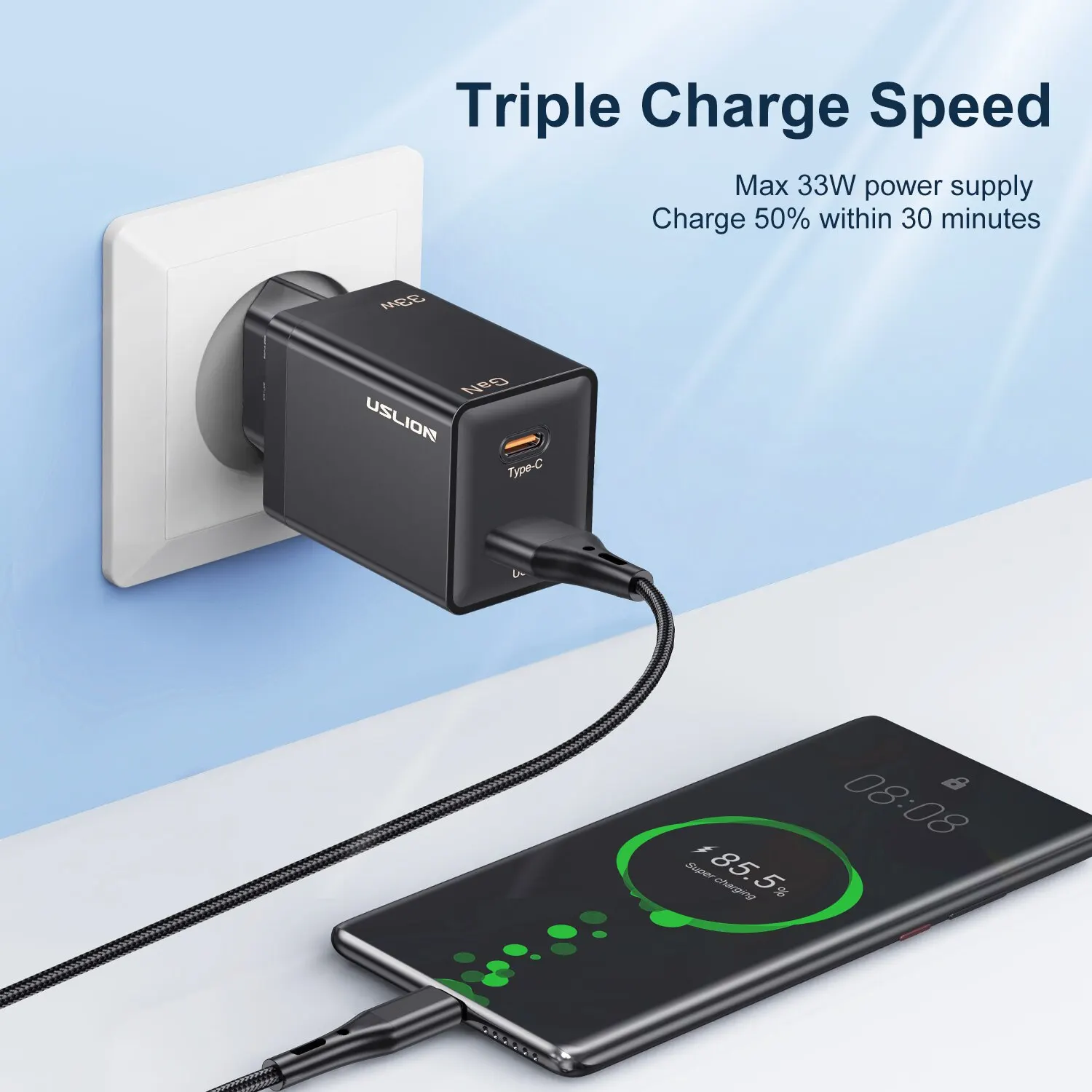 USLION 33W GaN Charger Quick Charge 4.0 3.0 Type C PD USB Charger for Macbook Tablet Fast Charging for iPhone 14 Xiaomi Travel