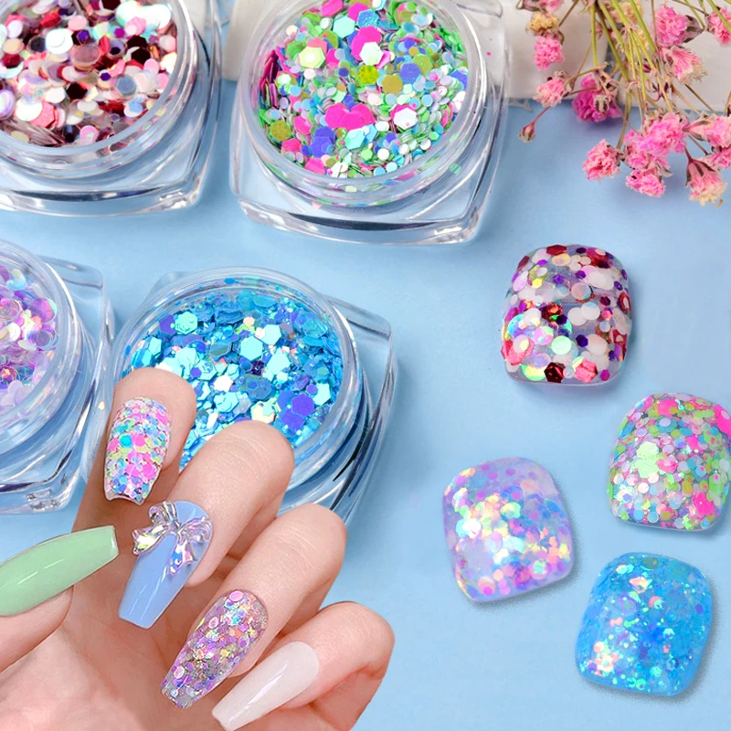 

1 Box Laser Nail Sequins Mix Size Nail Glitter Nail Flakes Colorful Round Glitter Confetti for Nail Art Decorations Accessories