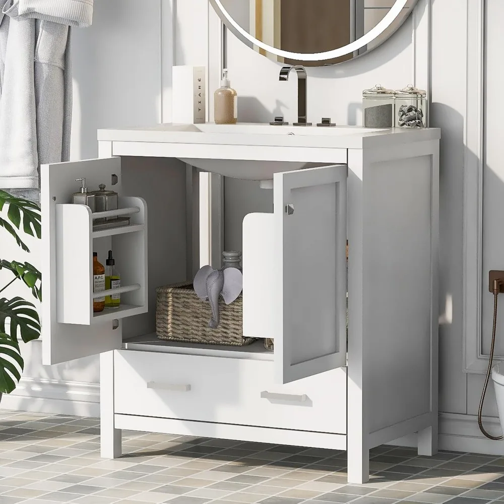 30 in Bathroom Vanity with Sink,1 Large Drawers and 2 Storage Doors,Wood Single Sink Bathroom Vanity,Modern White Bathroom 4